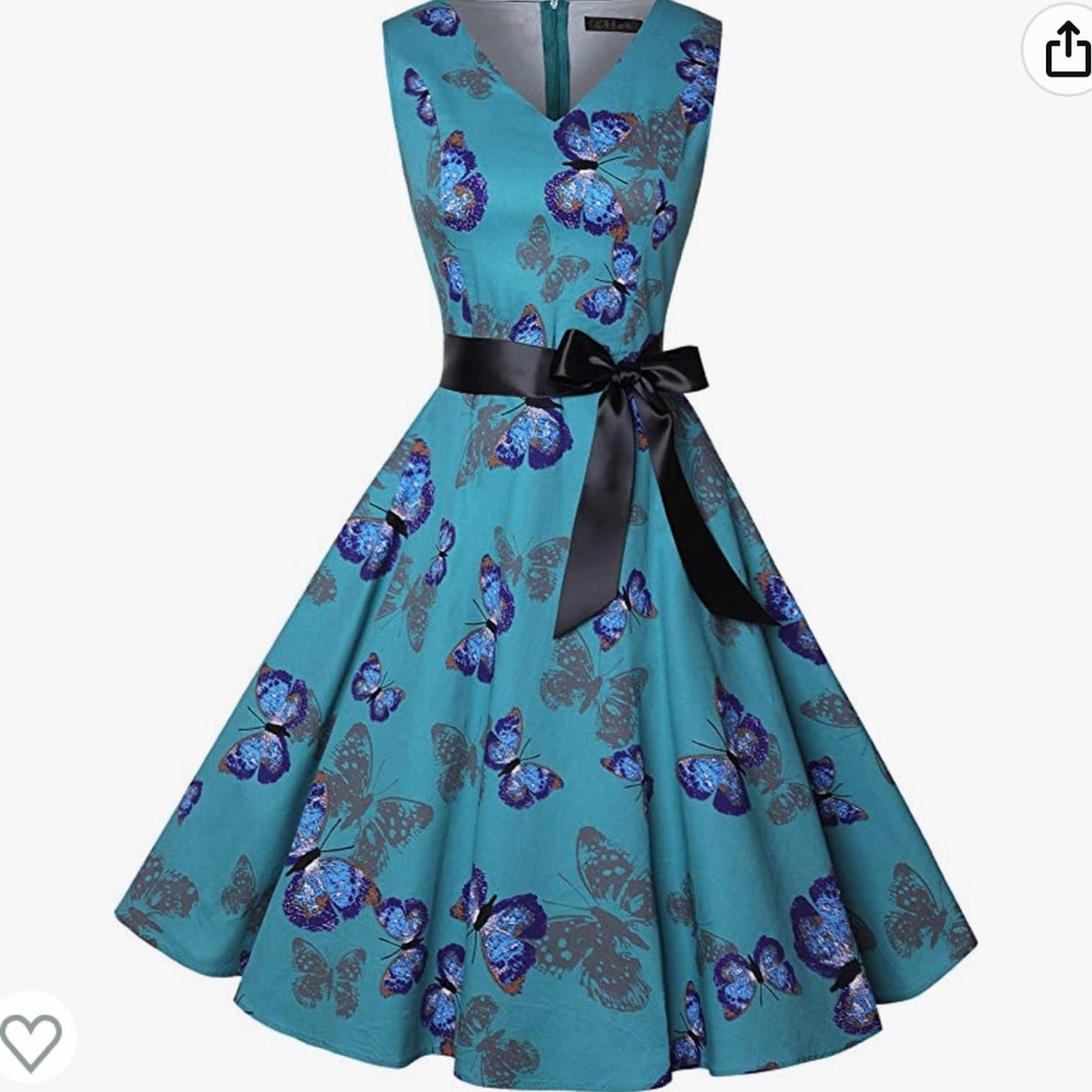 Grace Karin Blue Butterfly Pattern Boatneck Sleeveless Vintage Tea Dress Size M